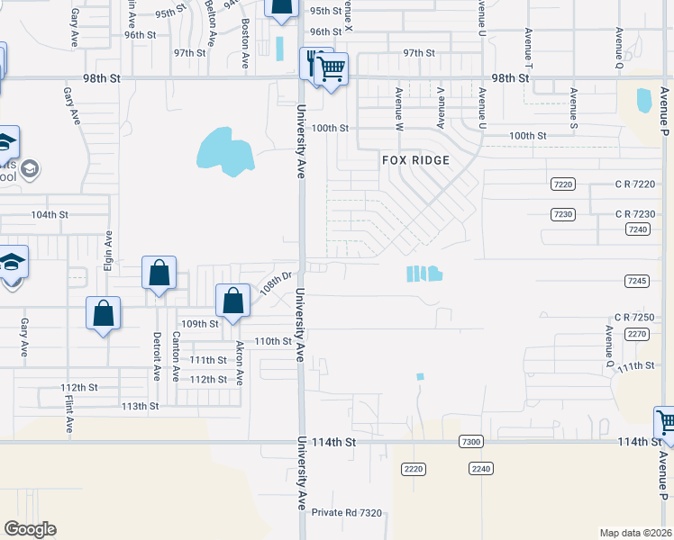 map of restaurants, bars, coffee shops, grocery stores, and more near 10601 University Avenue in Lubbock