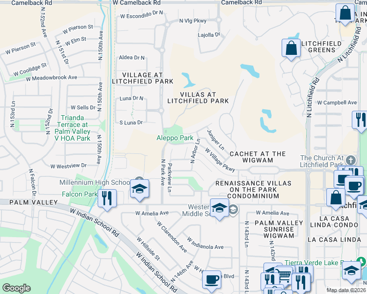 map of restaurants, bars, coffee shops, grocery stores, and more near 245 North Parkview Court in Litchfield Park