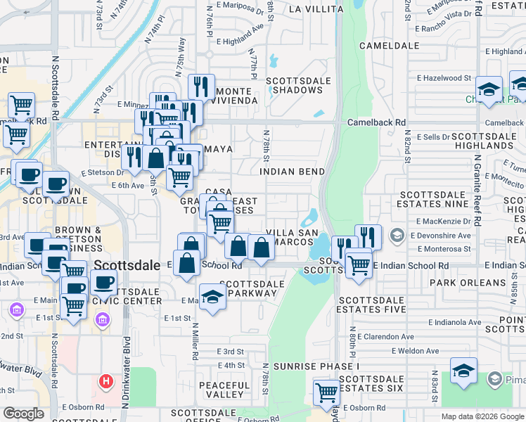 map of restaurants, bars, coffee shops, grocery stores, and more near 32 North 78th Street in Scottsdale