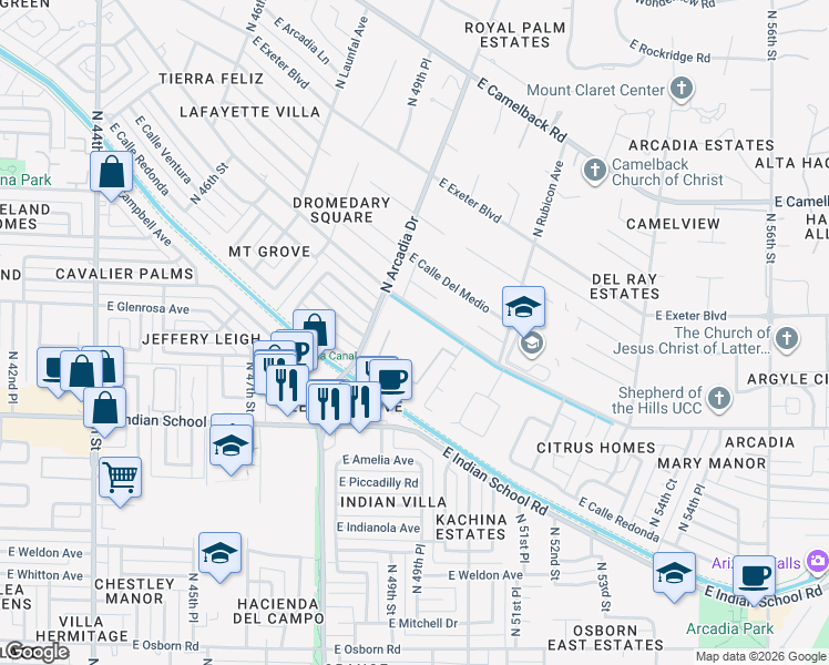 map of restaurants, bars, coffee shops, grocery stores, and more near 4935 East Lafayette Boulevard in Phoenix