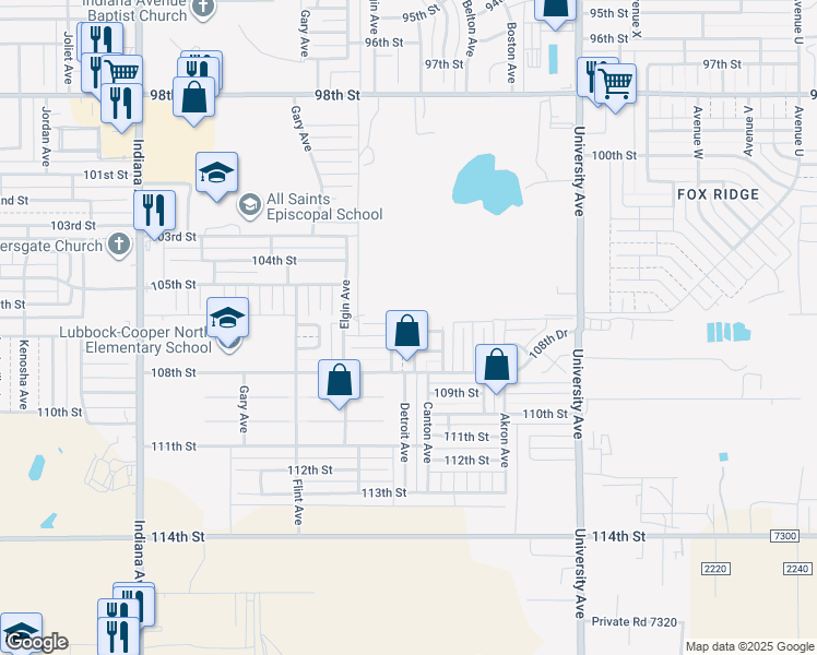 map of restaurants, bars, coffee shops, grocery stores, and more near 10602 Detroit Avenue in Lubbock