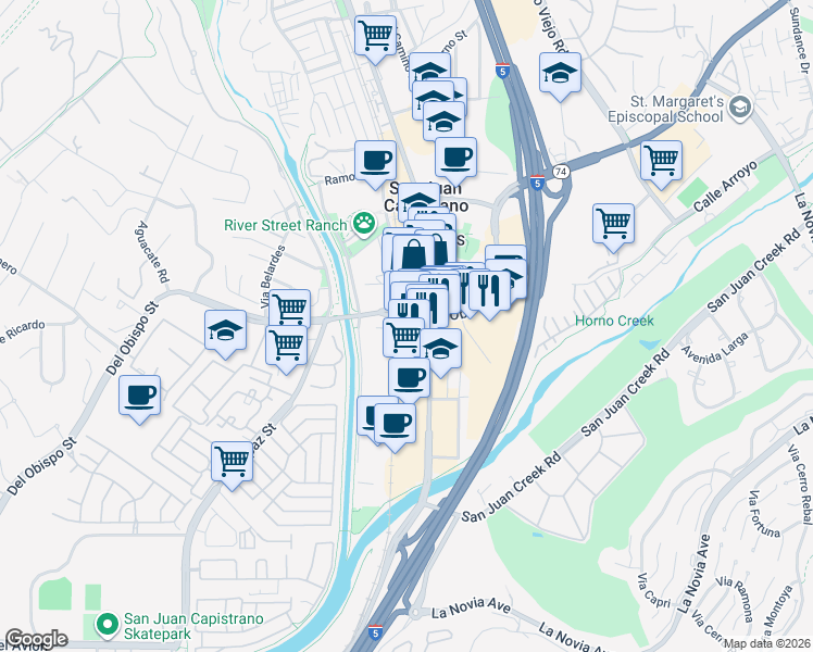 map of restaurants, bars, coffee shops, grocery stores, and more near 32022 Del Obispo Street in San Juan Capistrano
