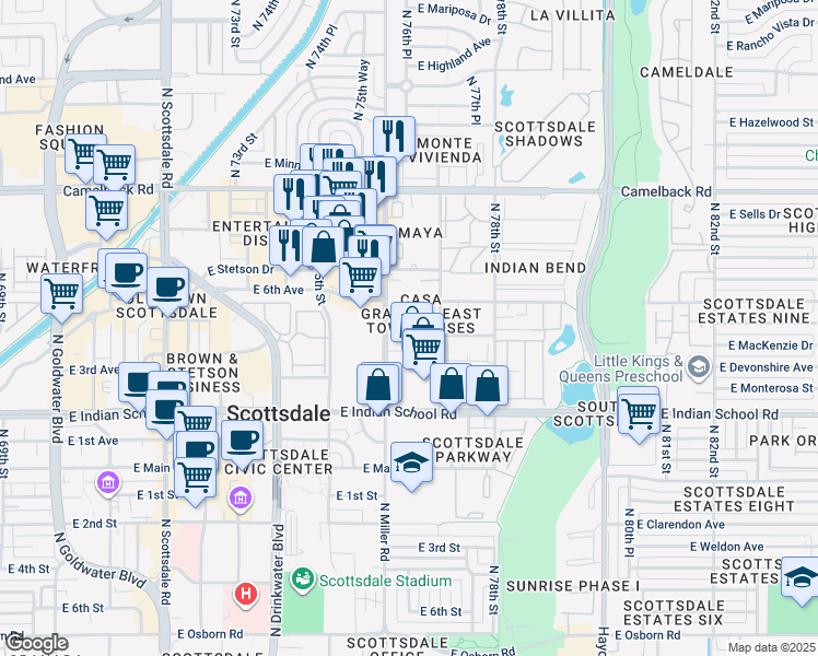map of restaurants, bars, coffee shops, grocery stores, and more near 4273 North Miller Road in Scottsdale