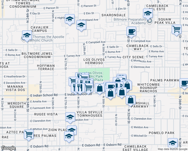 map of restaurants, bars, coffee shops, grocery stores, and more near 2802 East Devonshire Avenue in Phoenix