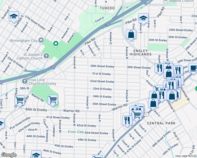 map of restaurants, bars, coffee shops, grocery stores, and more near 1525 31st Street Ensley in Birmingham
