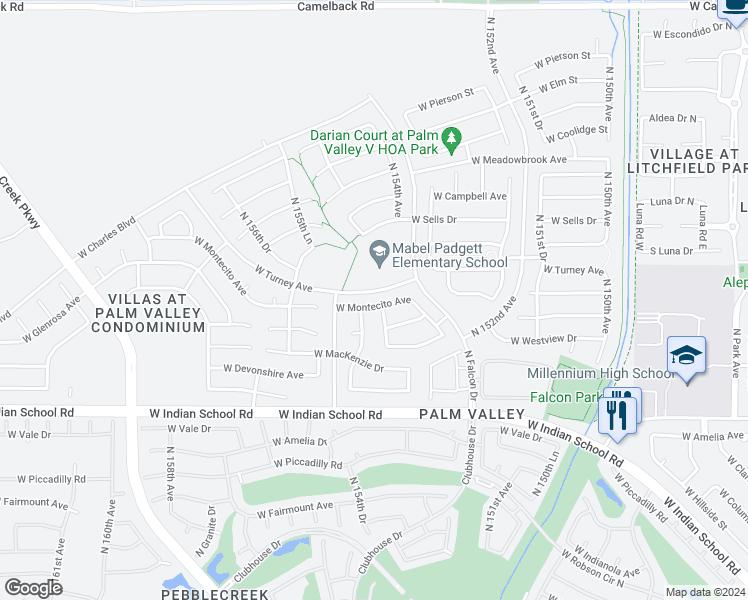 map of restaurants, bars, coffee shops, grocery stores, and more near 15422 West Montecito Avenue in Goodyear