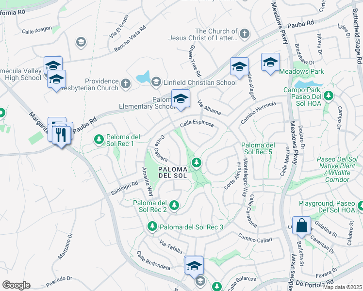 map of restaurants, bars, coffee shops, grocery stores, and more near 43096 Camino Casillas in Temecula