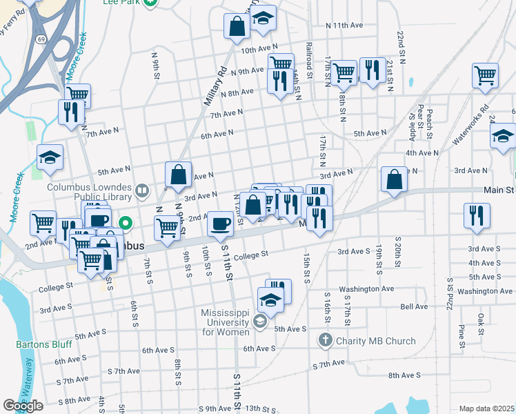 map of restaurants, bars, coffee shops, grocery stores, and more near 201 13th Street North in Columbus
