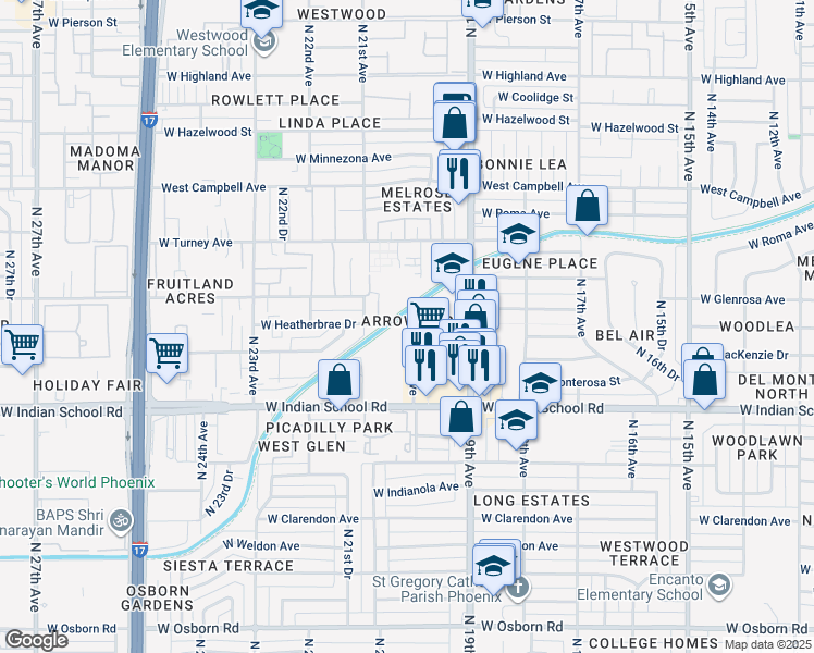 map of restaurants, bars, coffee shops, grocery stores, and more near in Phoenix