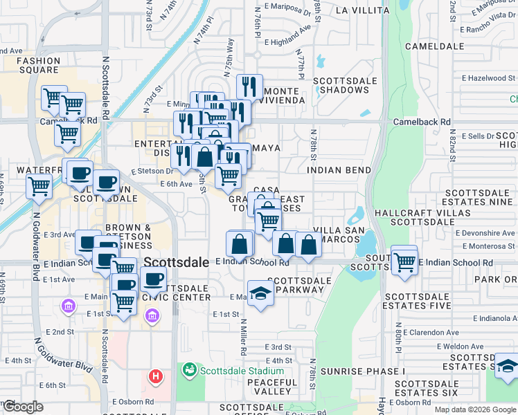 map of restaurants, bars, coffee shops, grocery stores, and more near 4273 North Miller Road in Scottsdale