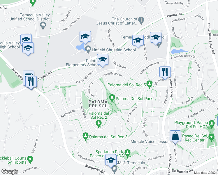 map of restaurants, bars, coffee shops, grocery stores, and more near 43033 Calle Jeminez in Temecula