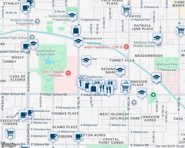 map of restaurants, bars, coffee shops, grocery stores, and more near 920 East Devonshire Avenue in Phoenix