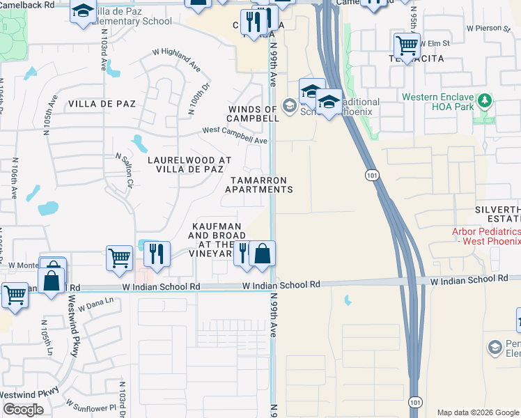 map of restaurants, bars, coffee shops, grocery stores, and more near 4498-4546 North 99th Avenue in Phoenix