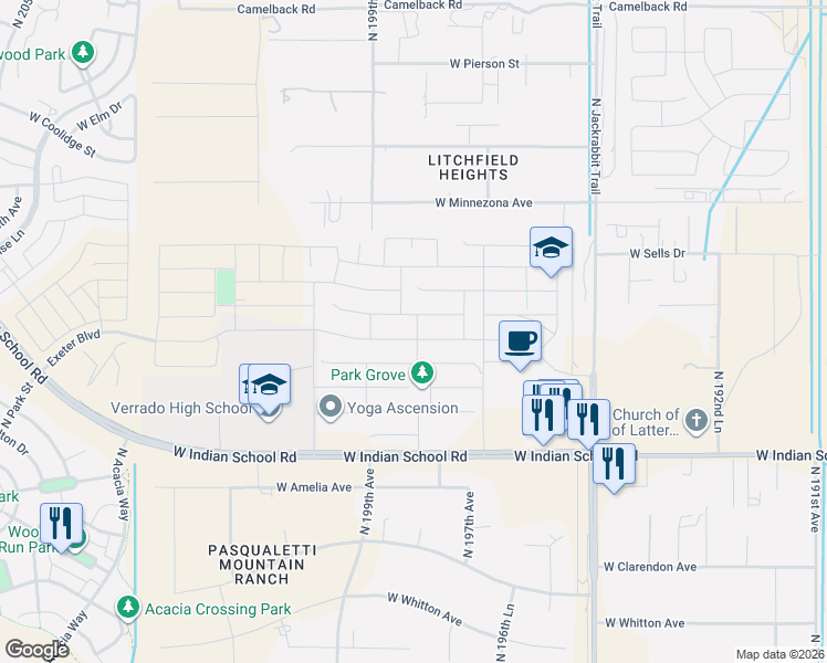 map of restaurants, bars, coffee shops, grocery stores, and more near 19857 Montecito Avenue in Litchfield Park
