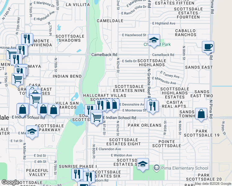 map of restaurants, bars, coffee shops, grocery stores, and more near 8204 East Heatherbrae Avenue in Scottsdale