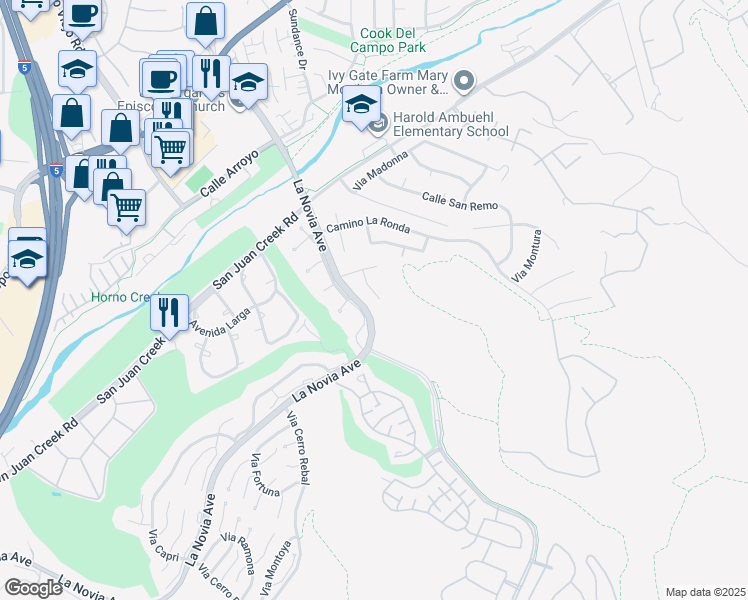 map of restaurants, bars, coffee shops, grocery stores, and more near 32011 Paseo Amante in San Juan Capistrano