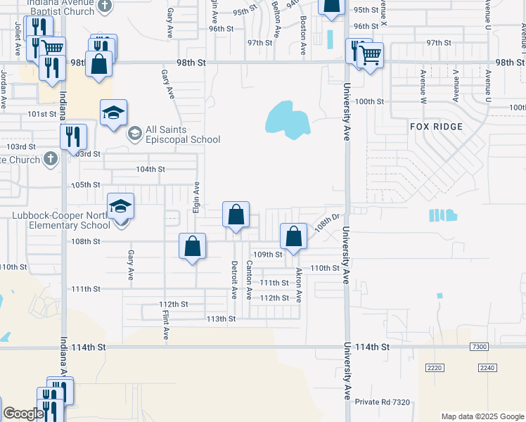 map of restaurants, bars, coffee shops, grocery stores, and more near 10601 Canton Avenue in Lubbock