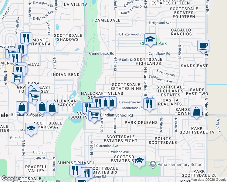 map of restaurants, bars, coffee shops, grocery stores, and more near 8204 East Heatherbrae Avenue in Scottsdale