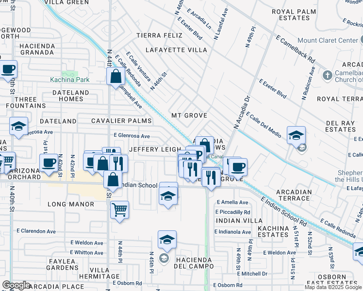 map of restaurants, bars, coffee shops, grocery stores, and more near 4653 East Montecito Avenue in Phoenix