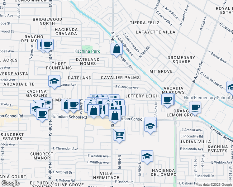 map of restaurants, bars, coffee shops, grocery stores, and more near 4242 North 44th Street in Phoenix