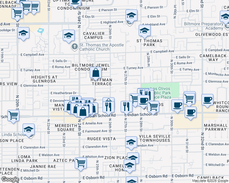 map of restaurants, bars, coffee shops, grocery stores, and more near 2546 East Heatherbrae Drive in Phoenix
