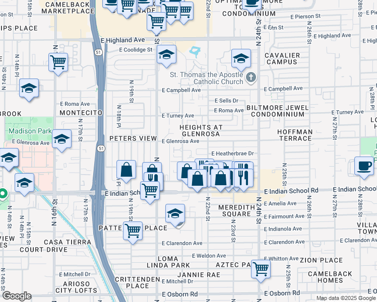 map of restaurants, bars, coffee shops, grocery stores, and more near 4225 North 21st Street in Phoenix
