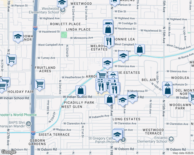 map of restaurants, bars, coffee shops, grocery stores, and more near in Phoenix