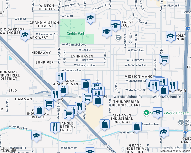 map of restaurants, bars, coffee shops, grocery stores, and more near 4242 North 32nd Avenue in Phoenix