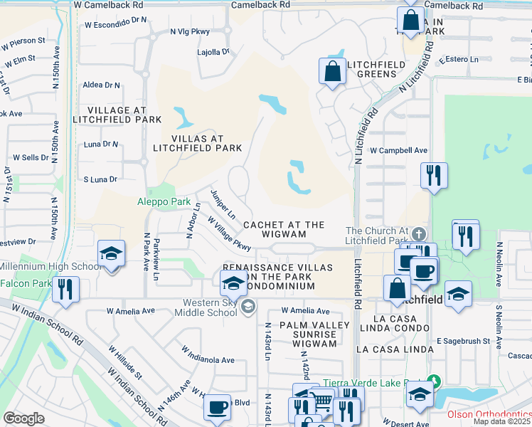 map of restaurants, bars, coffee shops, grocery stores, and more near 295 North Cloverfield Terrace in Litchfield Park
