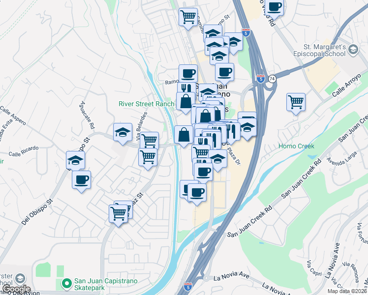map of restaurants, bars, coffee shops, grocery stores, and more near in San Juan Capistrano