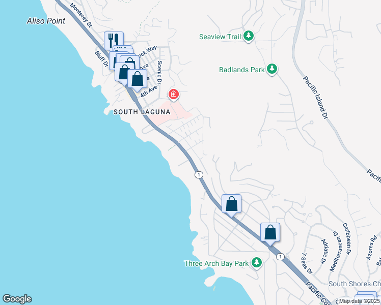 map of restaurants, bars, coffee shops, grocery stores, and more near 31985 Virginia Way in Laguna Beach