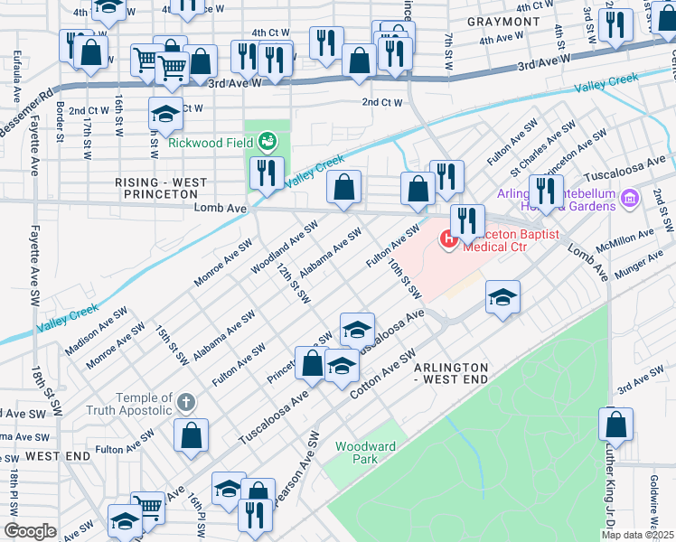 map of restaurants, bars, coffee shops, grocery stores, and more near 404 11th Street Southwest in Birmingham