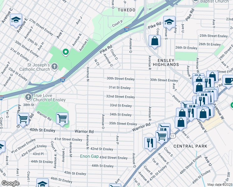 map of restaurants, bars, coffee shops, grocery stores, and more near 1525 31st Street Ensley in Birmingham