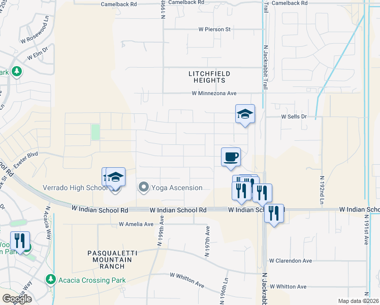 map of restaurants, bars, coffee shops, grocery stores, and more near 19767 West Montecito Avenue in Buckeye