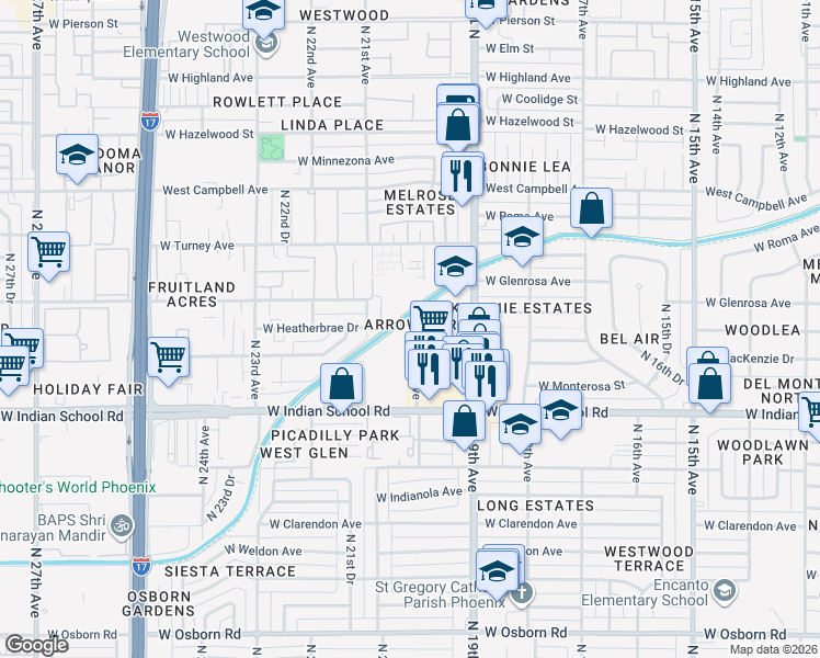 map of restaurants, bars, coffee shops, grocery stores, and more near 1950 West Heatherbrae Drive in Phoenix