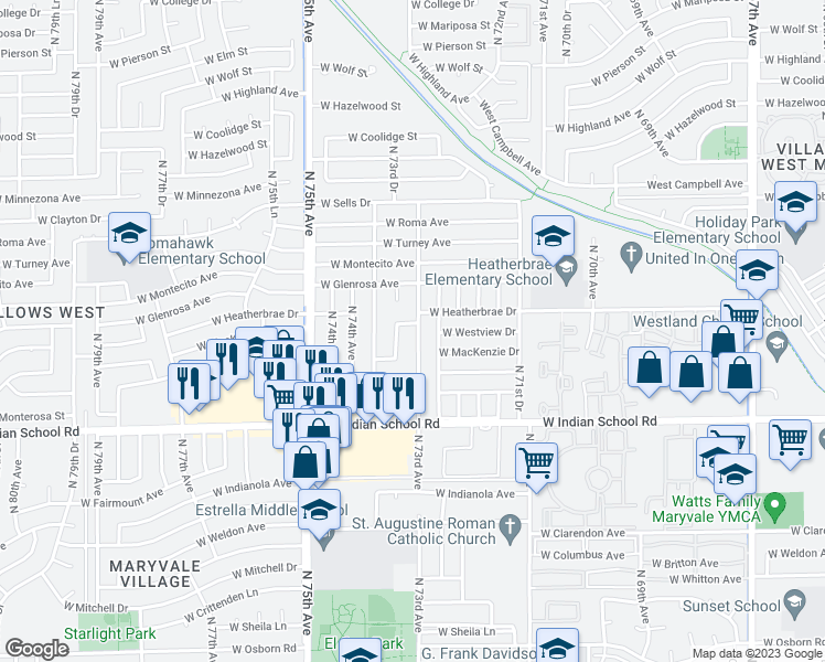map of restaurants, bars, coffee shops, grocery stores, and more near 7301 West Heatherbrae Drive in Phoenix