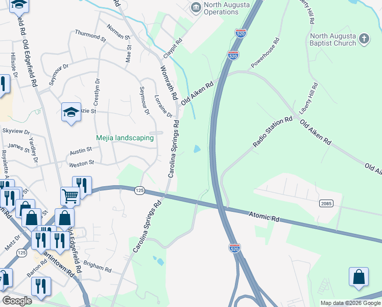 map of restaurants, bars, coffee shops, grocery stores, and more near 633 Carolina Springs Road in North Augusta