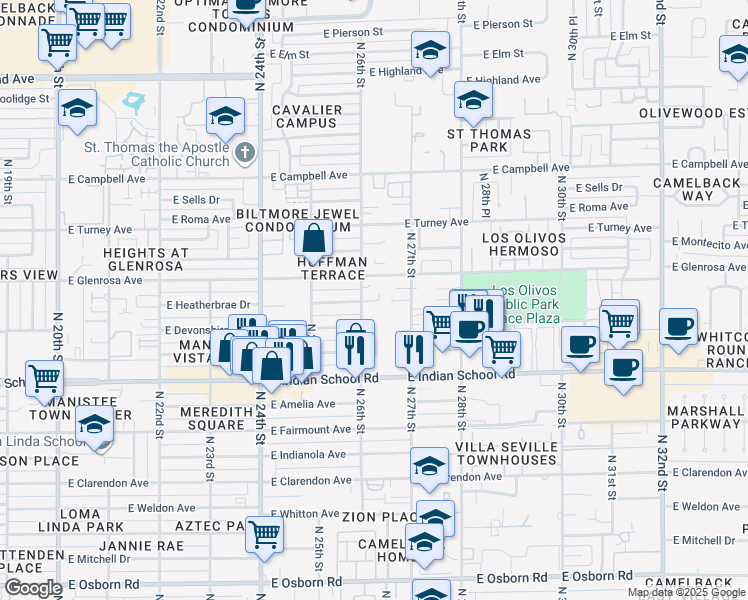map of restaurants, bars, coffee shops, grocery stores, and more near 2546 East Heatherbrae Drive in Phoenix
