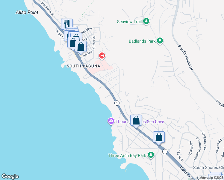 map of restaurants, bars, coffee shops, grocery stores, and more near 32012 Coast Highway in Laguna Beach
