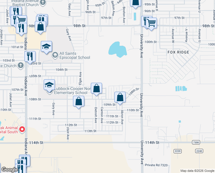 map of restaurants, bars, coffee shops, grocery stores, and more near 10601 Canton Avenue in Lubbock