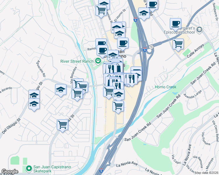 map of restaurants, bars, coffee shops, grocery stores, and more near 32022 Del Obispo Street in San Juan Capistrano
