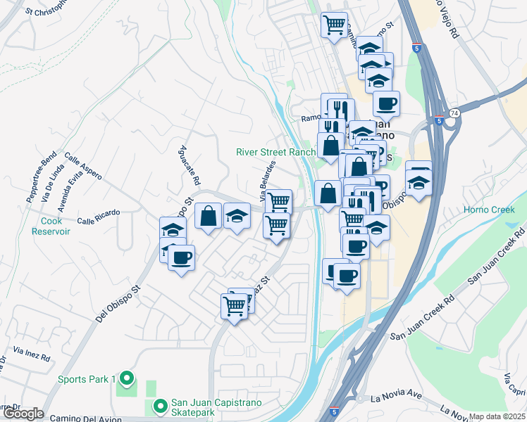 map of restaurants, bars, coffee shops, grocery stores, and more near Del Obispo Street & Paseo Carolina in San Juan Capistrano