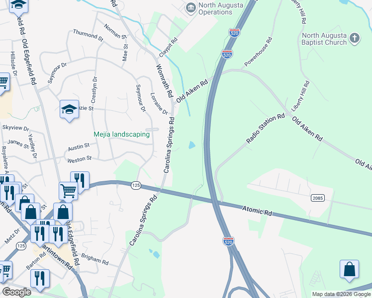 map of restaurants, bars, coffee shops, grocery stores, and more near 633 Carolina Springs Road in North Augusta