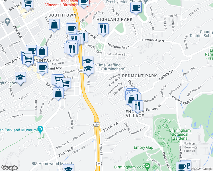 map of restaurants, bars, coffee shops, grocery stores, and more near 2524 Crest Road South in Birmingham