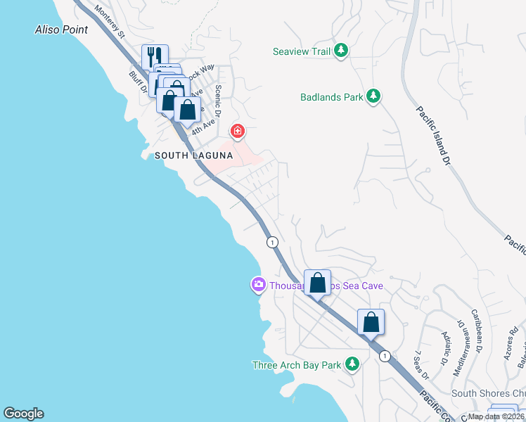 map of restaurants, bars, coffee shops, grocery stores, and more near 32012 Coast Highway in Laguna Beach