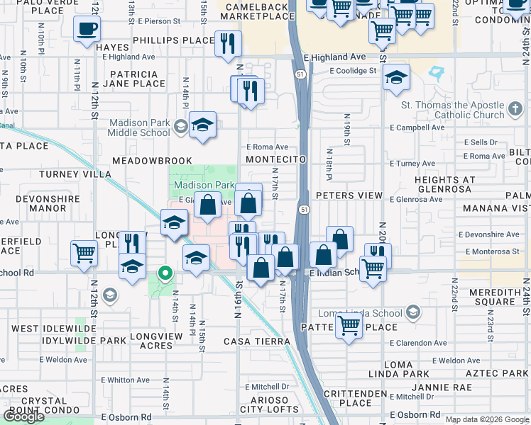 map of restaurants, bars, coffee shops, grocery stores, and more near 4242 North 17th Street in Phoenix