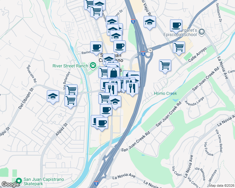 map of restaurants, bars, coffee shops, grocery stores, and more near 32022 Del Obispo Street in San Juan Capistrano