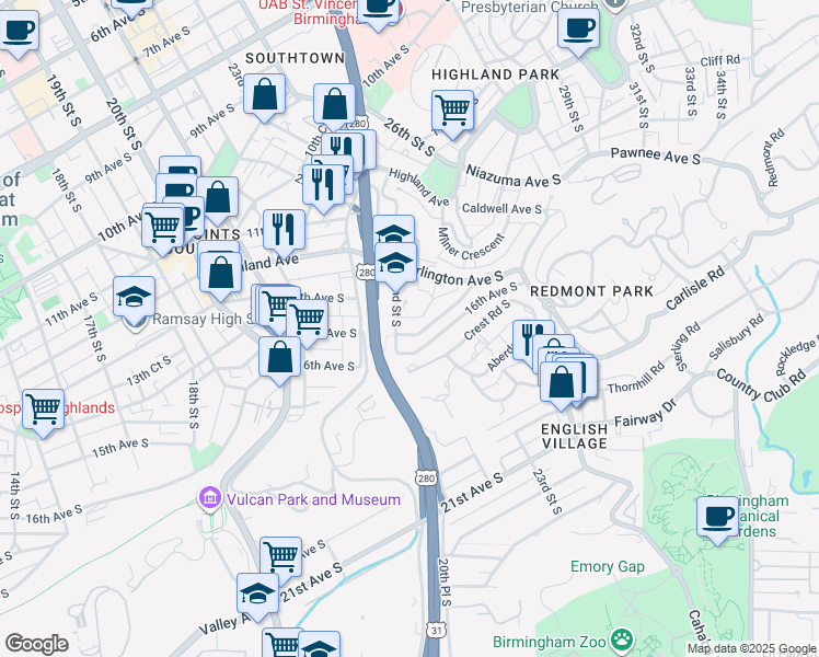 map of restaurants, bars, coffee shops, grocery stores, and more near 2422 Arlington Crescent in Birmingham