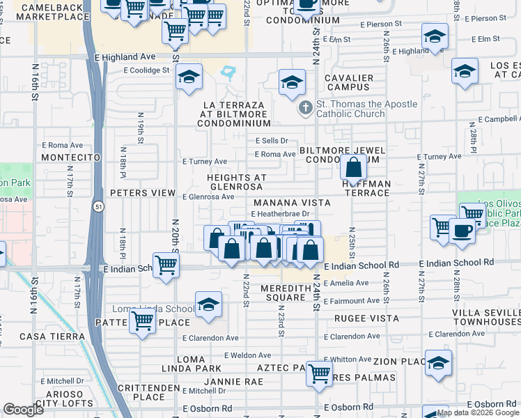 map of restaurants, bars, coffee shops, grocery stores, and more near 2220 East Heatherbrae Drive in Phoenix