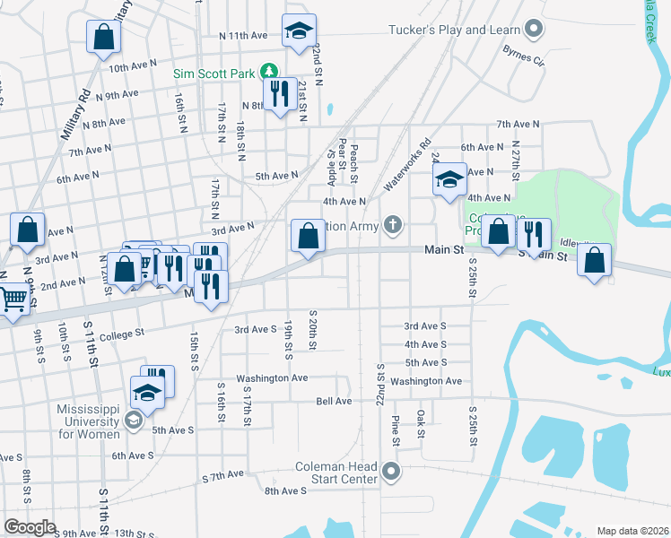 map of restaurants, bars, coffee shops, grocery stores, and more near 123 21st Street North in Columbus
